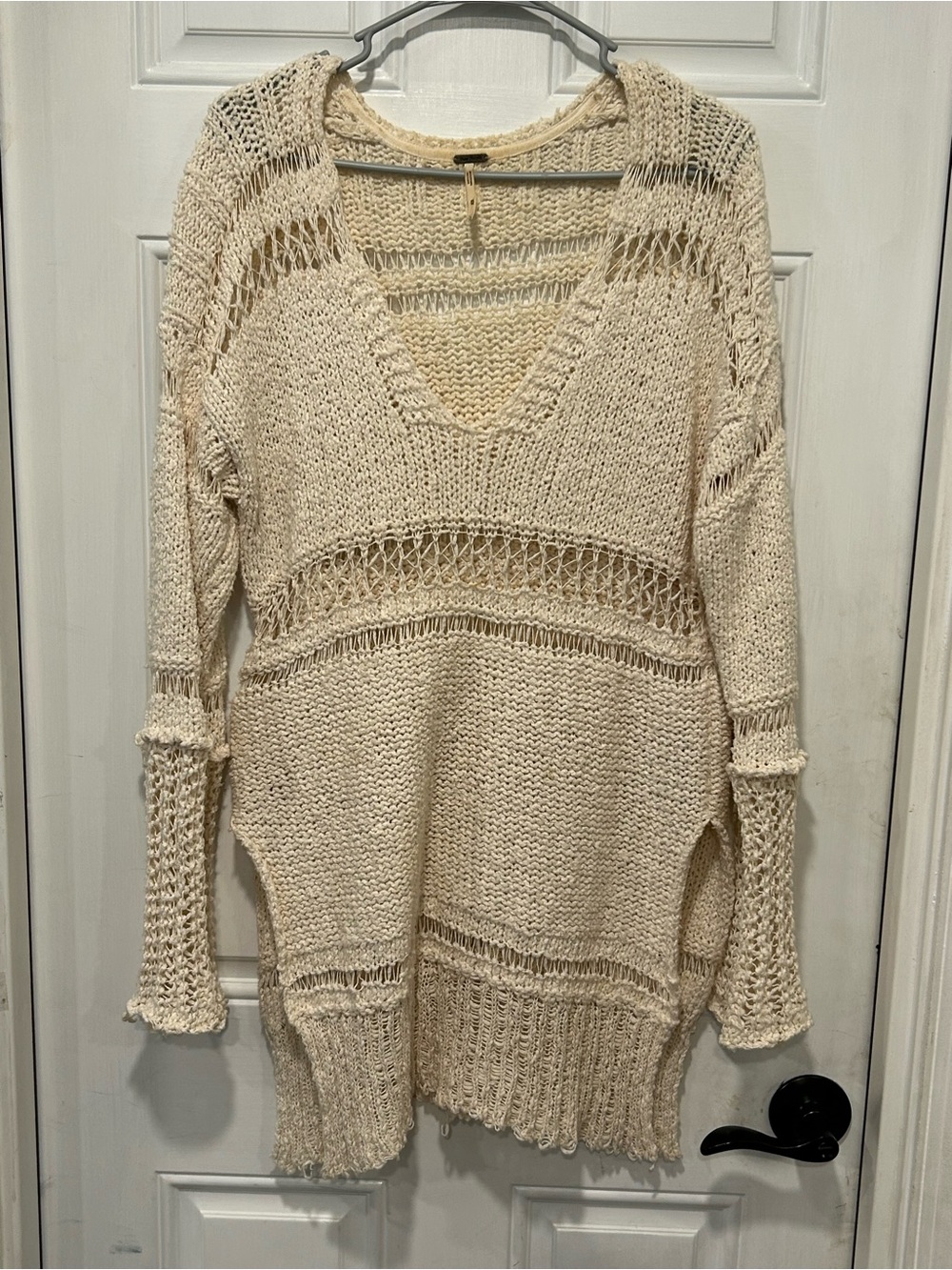 Free People Belong To You Ivory Crochet Sweater V-Neck L/S Open Knit Sz Medium